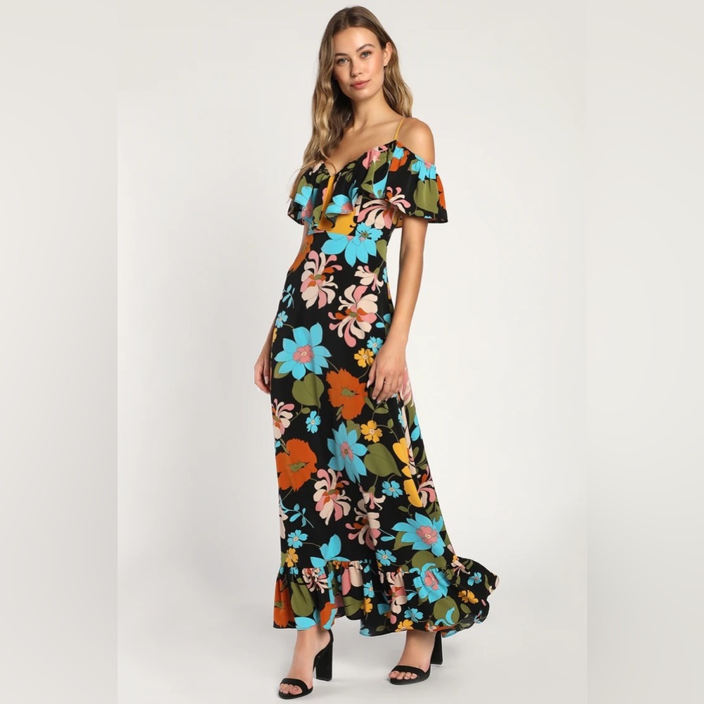 NEW Women’s Small Black Floral Ruffled‎ Cold-Shoulder Vacation Maxi Dress